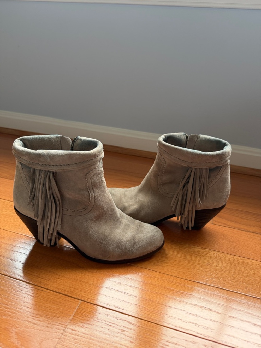 Suede Fringe Ankle Boots in Taupe